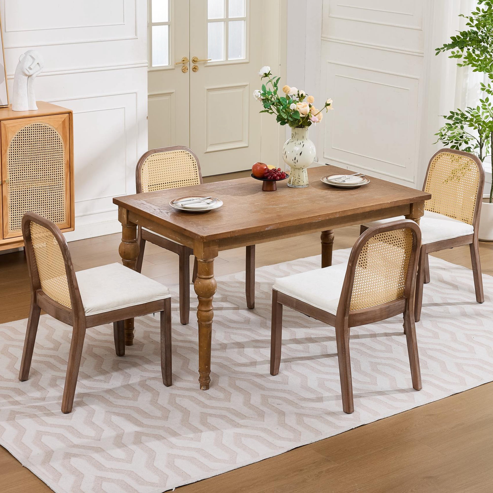 PORKISS Dining Chairs Set of 2, Upholstered Kitchen Chairs with Rattan Back, Mid-Century Solid Wood Dining Room Chairs with Thick Chenille Cushion, Beige