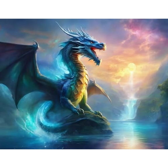 A majestic Dragon overlooking a lake with a waterfall Edible Icing Sheets- Assorted Image Cake Toppers-Frosting Sheets- Cookies- Cupcake Toppers for 1/4 Sheet Cake or Larger