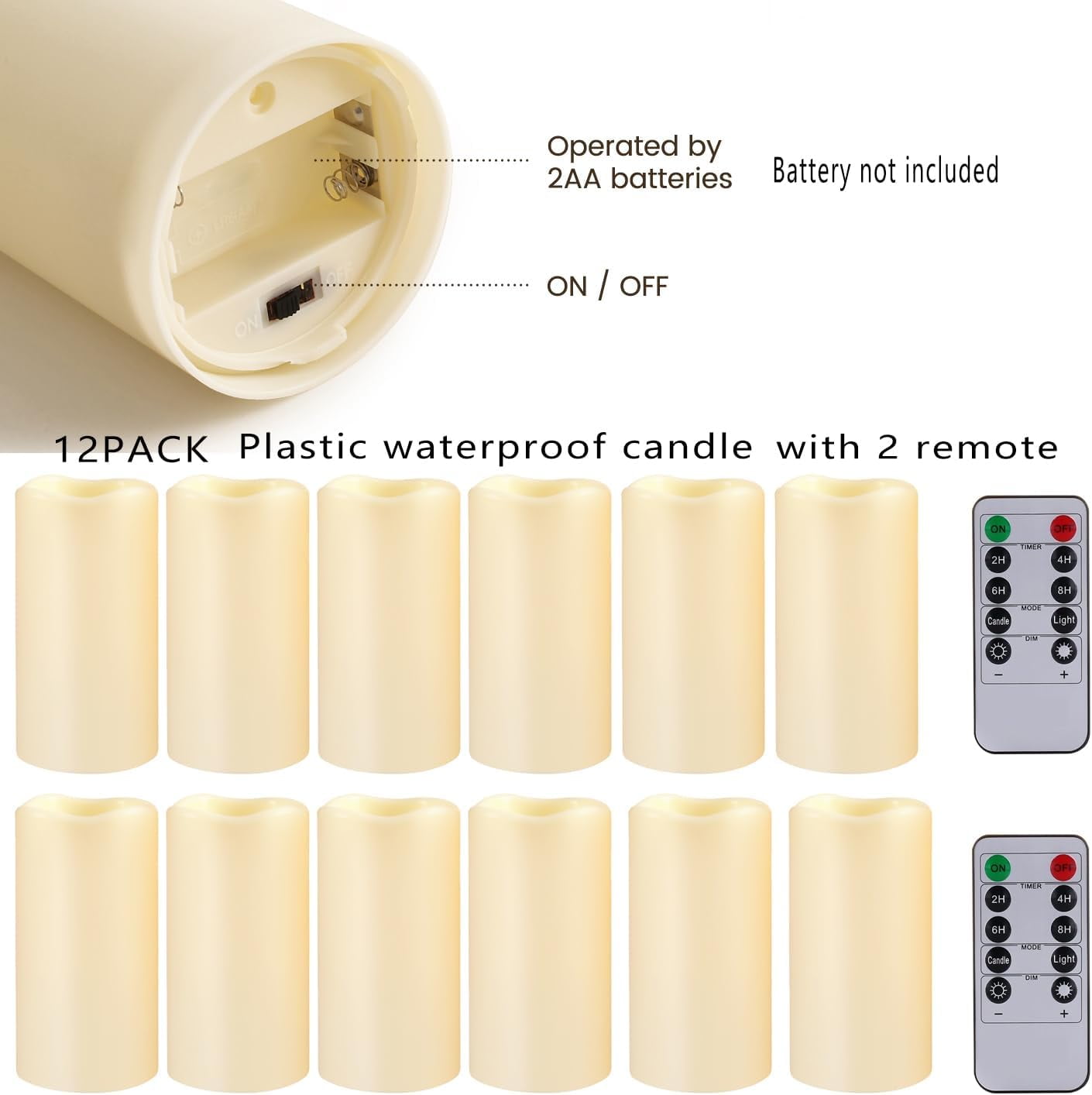 12 Pack Outdoor Plastic flameless Candles with Remote Control and Timer, LED Flickering Battery Operated Electric Pillar Candles,for Camping, Weddings, Home Decoration