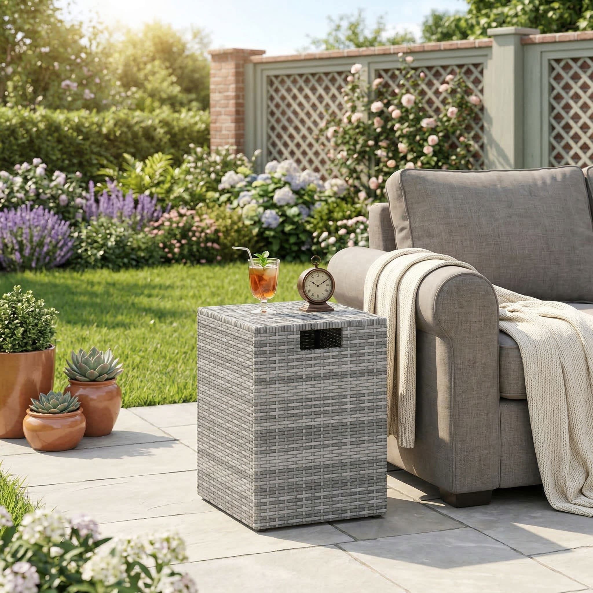 Resenkos Weather Resistant PE Rattan Propane Tank Cover, Multiuse Patio Side Table and Gas Tank Hideaway for Garden and Balcony, Gray
