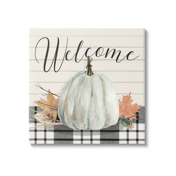 Stupell Industries Welcome Plaid Pumpkin Sign Graphic Art Gallery Wrapped Canvas Print Wall Art, Design by Livi Finn