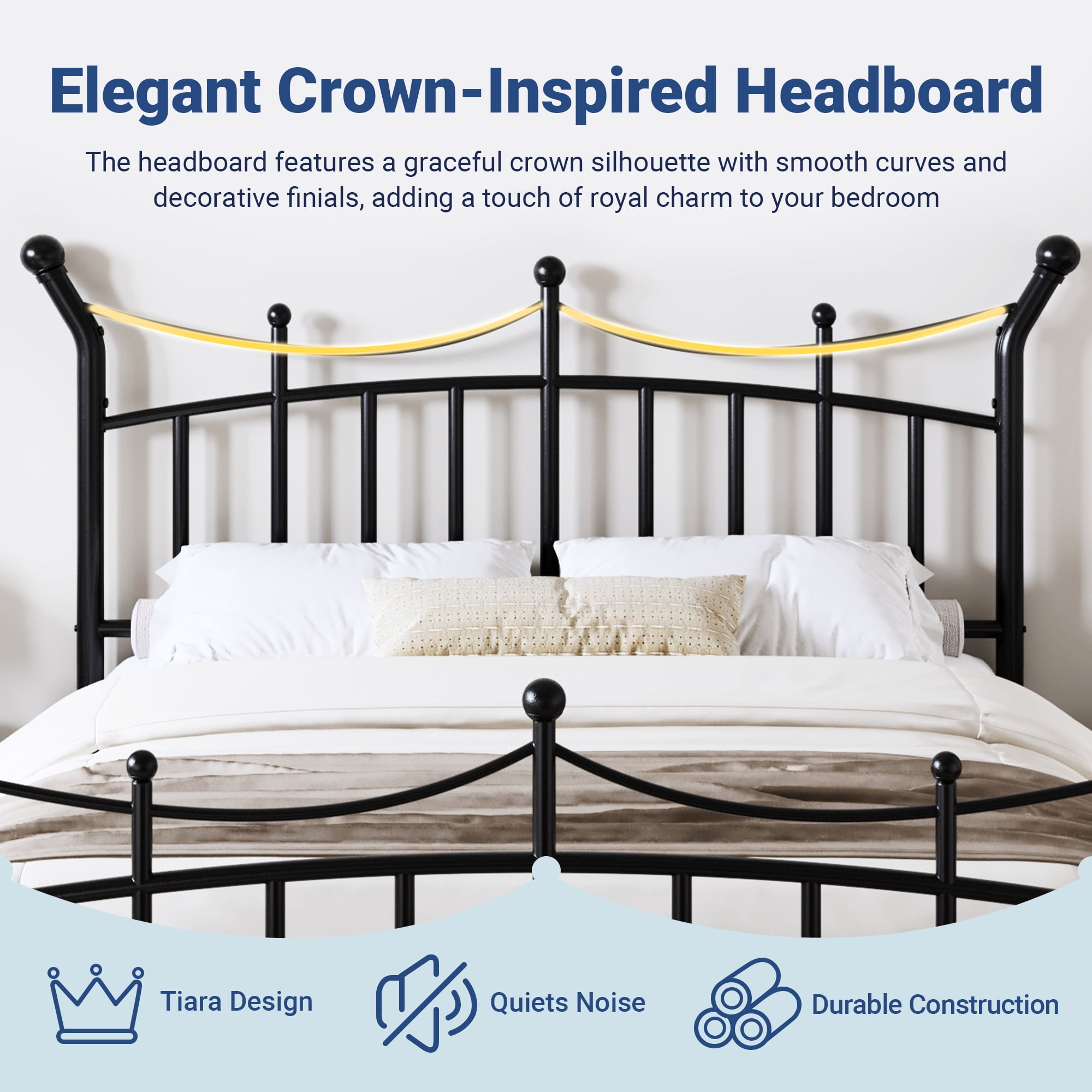 Allewie 14 Inches Full Size Metal Platform Bed Frame with Elegant Crown Headboard & Footboard, Sturdy Mattress Foundation with Under-Bed Storage, Easy Assembly, No Box Spring Needed, Black