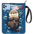 thumbnail image 1 of Funda protectora para libros con diseño de nutrias y animales marinos. Color azul. Ideal para libros de bolsillo. Fabricada en tela lavable con cremallera y bolsillo adicional., 1 of 9