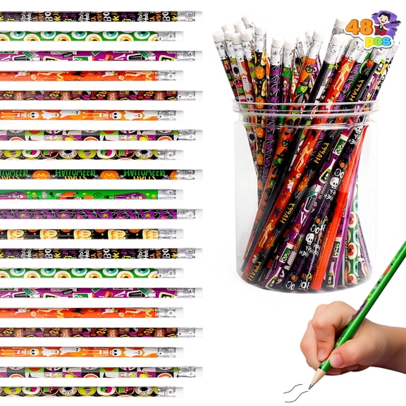 Joyfy 48 Pcs Halloween Pencils Bulk with Eraser for Kids,Colorful Pencils Stationery Pencil Set,Halloween Favors Prizes for Kids,Halloween Bulk Toys