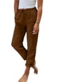 thumbnail image 2 of Linen Pants Women Petite Summer Casual Lightweight Drawstring Waist Pant Gauze Straight Leg Trouser with Pockets Coffee 4XL, 2 of 5