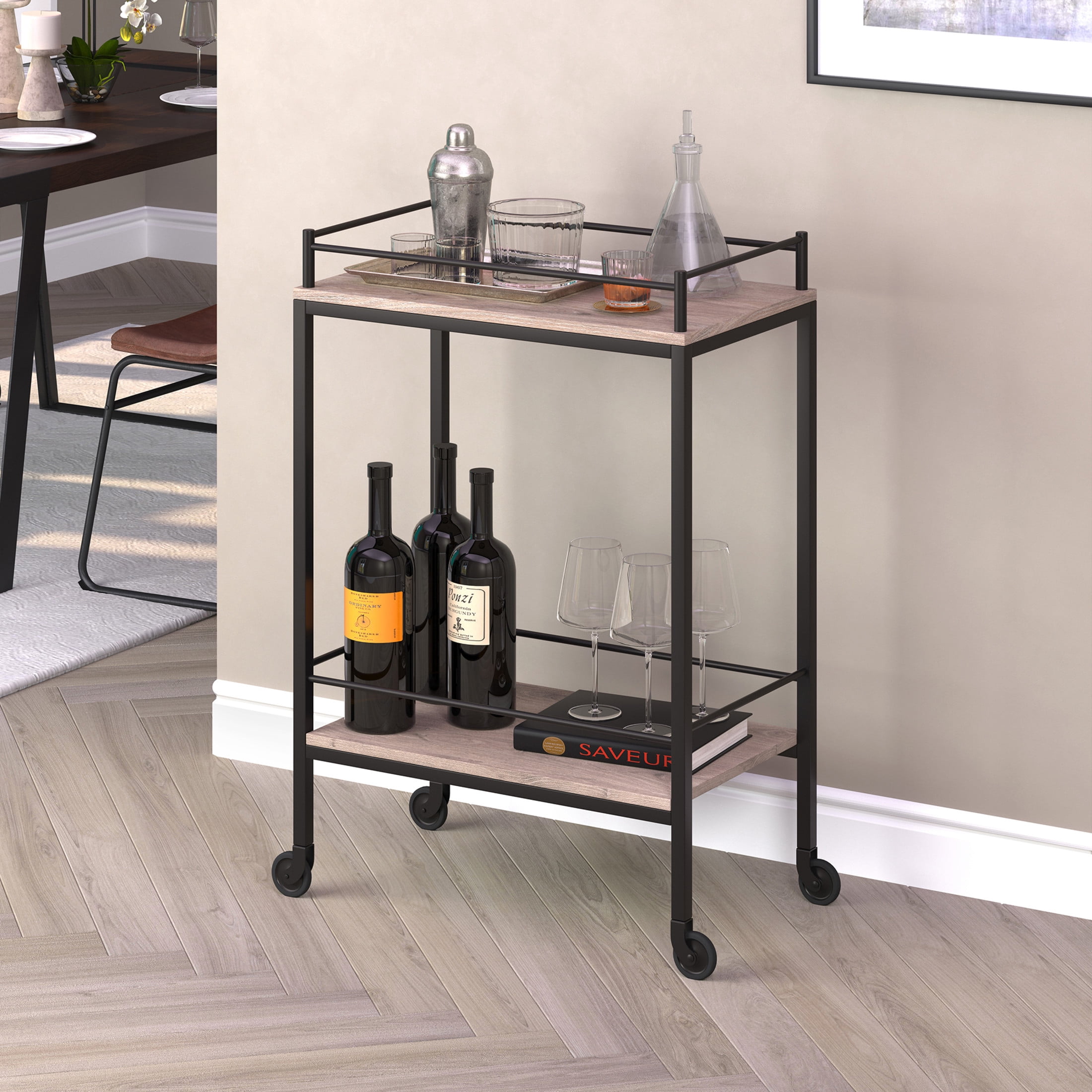 Evelyn&Zoe Barnes 23.5" Wide Rectangular Bar Cart, Antiqued Gray Oak