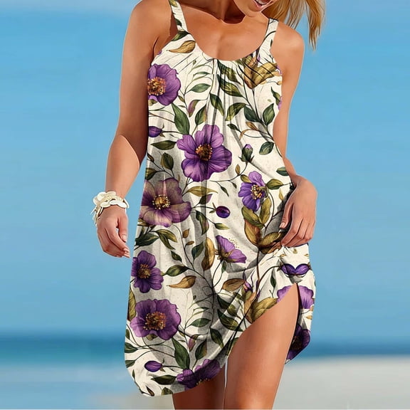 Mifsaly Cotton Summer Dresses for Women 2026 Vacation Floral Print Sleeveless Beach Dress Going Out Everyday Flowy Sundresses Swim Cover Up S