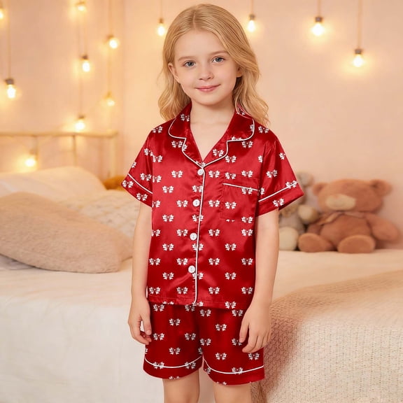 BOOMNY Toddler Girls 2 Peice Pajamas Sets Bowknot Graphic Short Sleeve Buttons Sleepwear Tops Shorts Pjs Set for Kids Cozy Loungewear Homewear