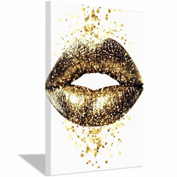 Mudket Framed Gold Lips Canvas Wall Art, Sparkling Gold Lips Print, Glam Wall Decor for Bedroom Bathroom, Ready to Hang - 12"L x 8"W