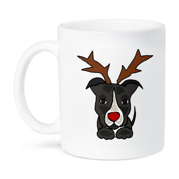 3dRose, Funny Pitbull Dog Dressed as Rudolph Red Nosed Reindeer, 15oz Mug