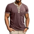 thumbnail image 2 of Zylarhe Mens Tshirt, Color Blocked Button Open Neck Pocket Men Casual Loose Comfortable Solid Round Short Sleeved T Shirt Red S, 2 of 6