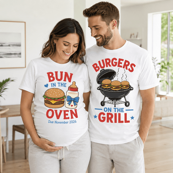 Custom Pregnancy Announcement Comfort Colors Shirts, Bun In The Oven Burgers On The Grill Tee Set, BBQ Baby Shower Gift For New Parents