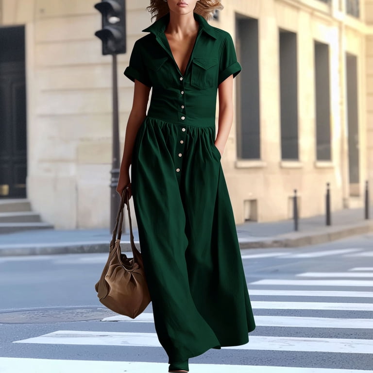 womens army green dress Kvture Women’s Western Style Shirt Dress Long Sleeve Button Down Loose Fit  Maxi Dress with Pocket White Dress L