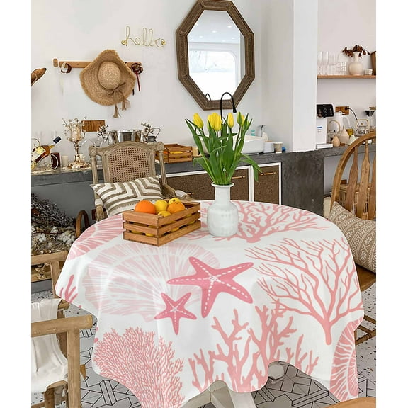 Coastal Pink Tablecloth Square Table Cloth 54x54, Waterproof Tablecloth Outdoor Table Cloth, Ocean Coral Starfish Shell Modern Sea Washable Table Cover for Kitchen Dining Party