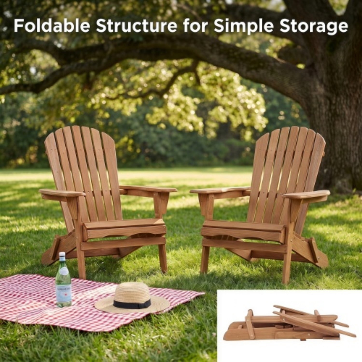 Adirondack Chairs Set of 2, Outdoor Wooden Folding Patio Chairs with Pre-Assembled Backrest, Hemlock Wood Chairs for Garden, Porch, Pool, Deck, Light Brown