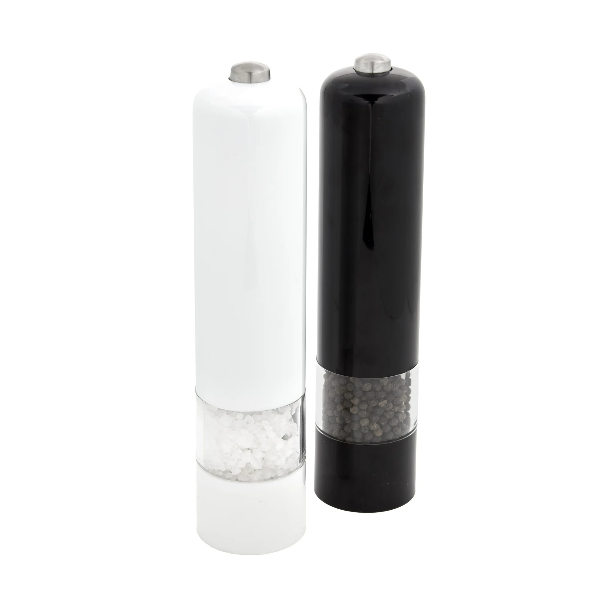 KAMENSTEIN 8-INCH BATTERY OPERATED PREFILLED SALT & PEPPER GRINDER SET, BLACK & WHITE