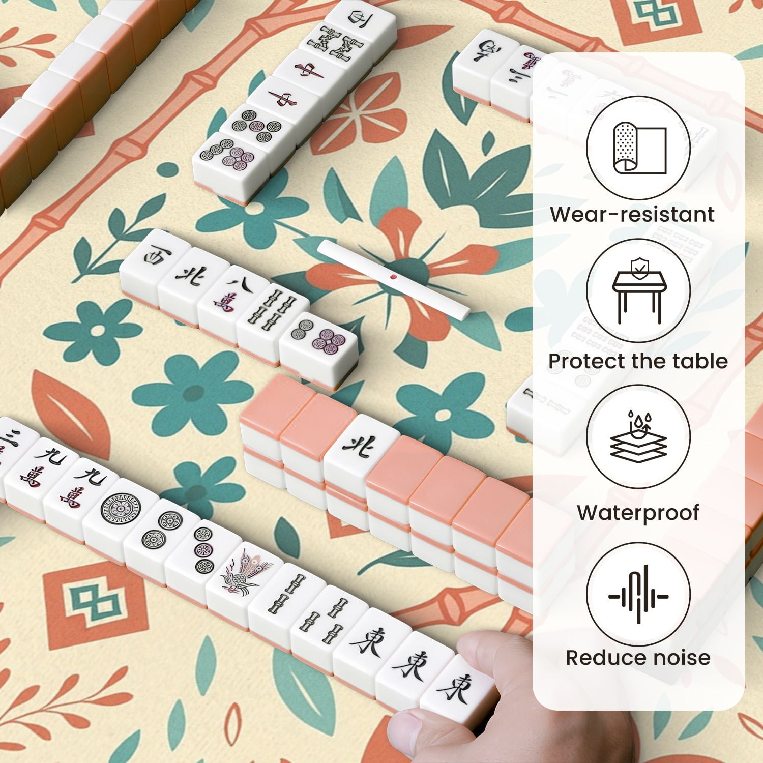 Mahjong Mat 31.5" x 31.5" Floral Geometric Elements Soft Coral Teal Tones Anti-Slip and Noise Reduction Symmetry Design Mahjong Tiles Table Cover for Dominoes Poker Card Board and Tile Games