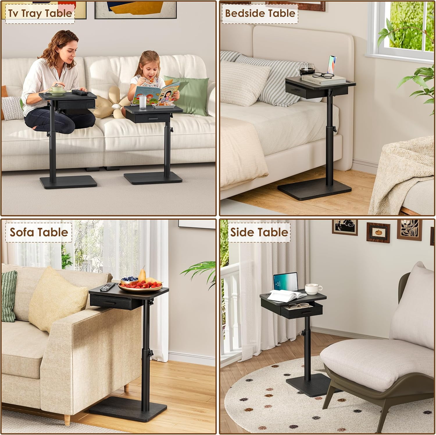 TV Tray Table with Swivel Top, Drawer, and Height Adjustment for Eating, Working, or as a Sofa Desk in Living Room or Bedroom