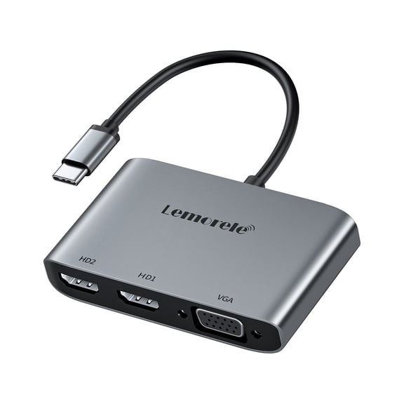 Lemorele USB-C to HDMI   Vga Converter, USB C to HDMI Adapter Hub, 4k Triple Screen Output, For Office Meetings/Audio-Visual Education, Space Gray, Aluminum Alloy