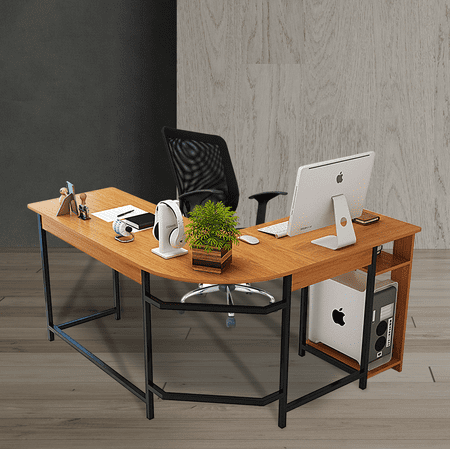L-Shaped Corner Desk Gaming Desk PC Table Office Computer Desk with Wood Laptop Black Frame Work Station Study Home Office Furniture | Natural Wood Tone