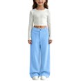 thumbnail image 4 of hotojiny Girls Corduroy Pants Casual Loose Wide Leg Kids Trousers with Pockets Comfy Pull on Plain Uniform Pants(Blue,5-6 Years), 4 of 8
