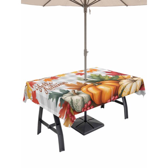 Outdoor Tablecloth with Umbrella Hole and Zipper, Hello Autumn Rectangle Table Cloth 54x80 Inch Waterproof Tablecloth, Vintage Pumpkins Thanksgiving Botanical Plaid Picnic Table Cover for Patio