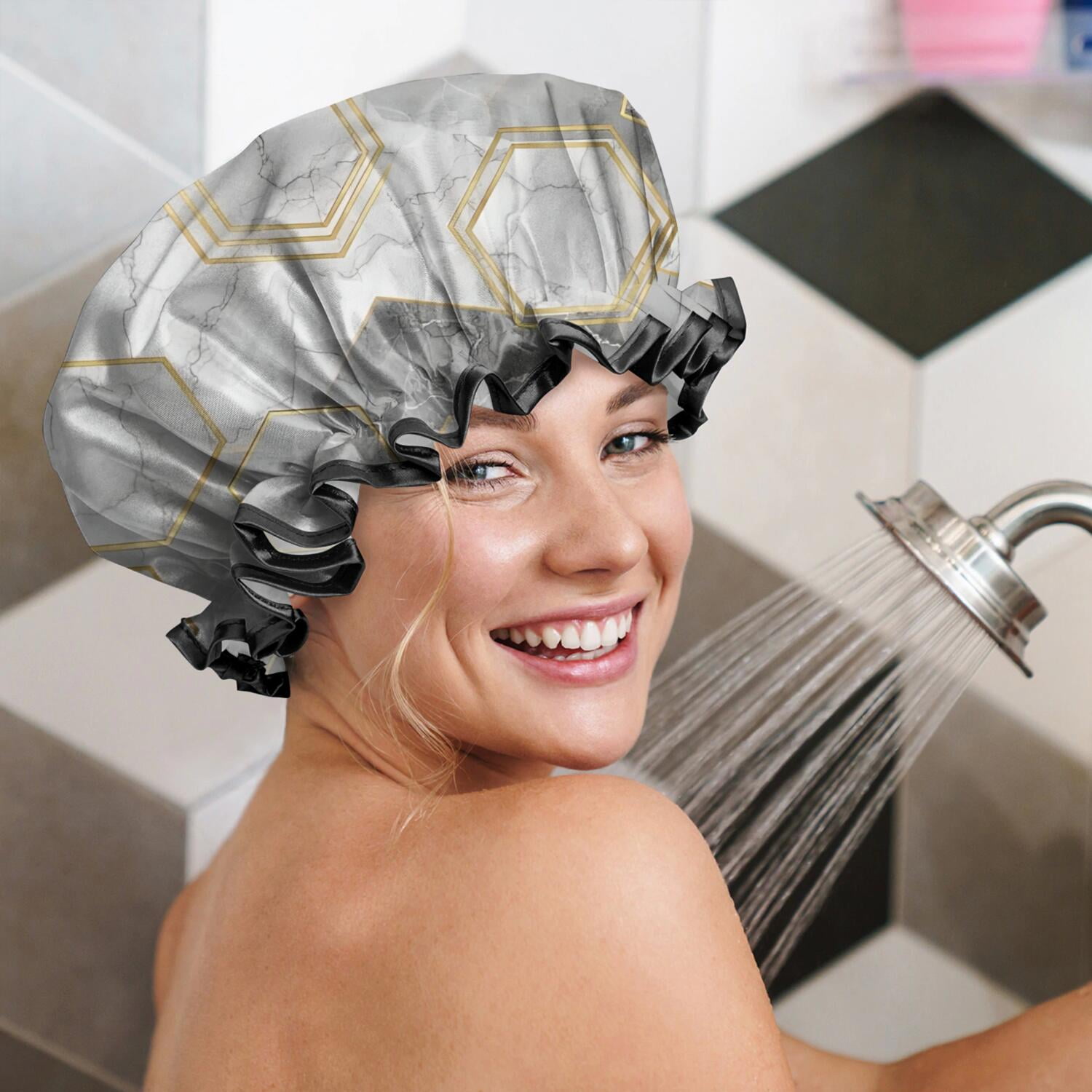 Shower Caps,Gray Marble Gold Hexagon Pattern Waterproof Shower Cap for Women 4 Pieces,Double Reusable Hair Cover for Shower PEVA Elastic Stretch Hem