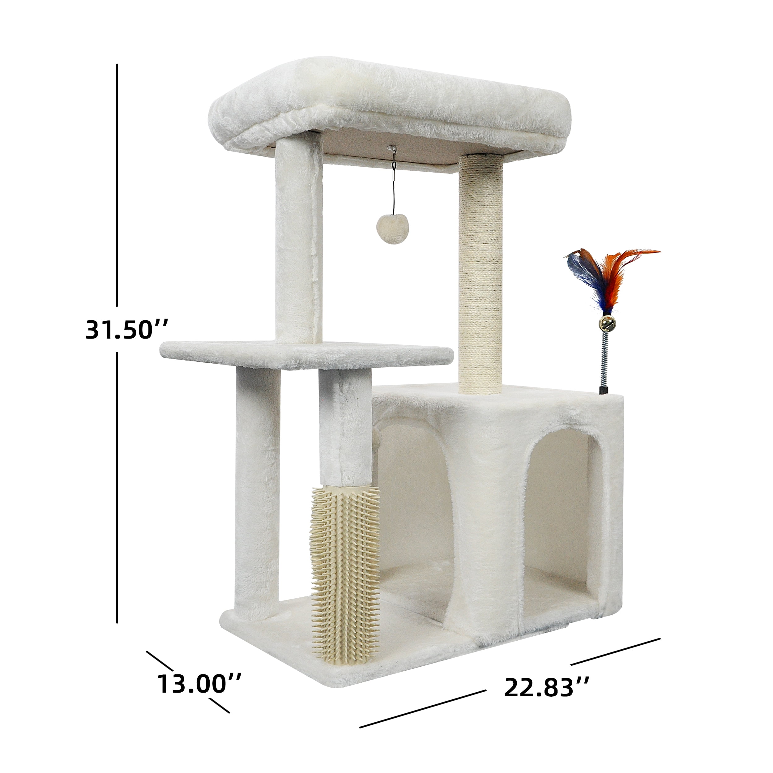 AIWIKIDE 31.50" Cat Tree for Indoor Cats with Cat Condo and Scratching Post,Cute Cat Tower with Self-Grooming Brush and Toy Balls,Beige