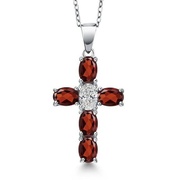 Gem Stone King 925 Sterling Silver Red Garnet and Lab Grown Diamond Cross Pendant Necklace for Women | 3.25 Cttw | Gemstone January Birthstone | Oval 6X4MM | With 18 inch Chain