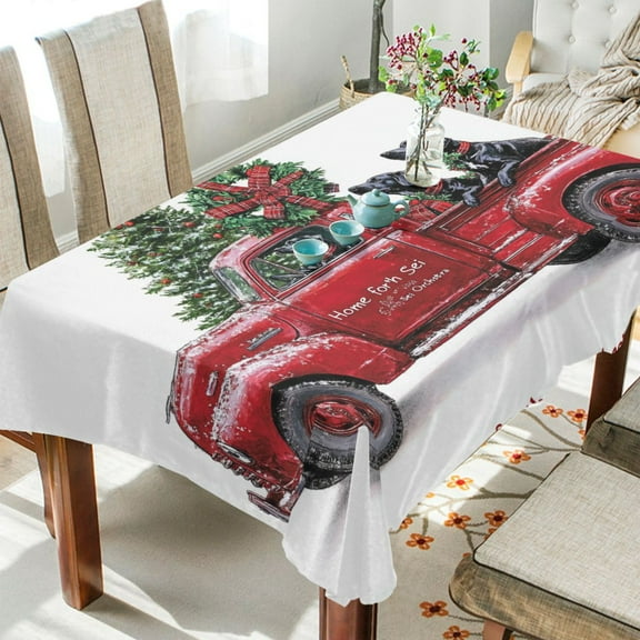 BZSMCE Square Tablecloth Red Truck Take Dogs and Christmas Trees Pattern Tableclothes