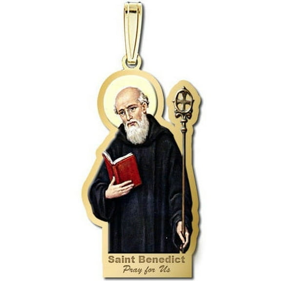Saint Benedict Outlined Religious Medal Color - 2/3 X 3/4 Inch Size of Nickel, Solid 14K Yellow Gold