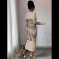 thumbnail image 4 of Vestido de Suéter A Rayas con Cuello en V para Mujer, Larga, Ajustado, Midi. Caqui M, 4 of 7