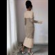 thumbnail image 4 of Vestido de Suéter A Rayas con Cuello en V para Mujer, Larga, Ajustado, Midi. Caqui L, 4 of 7