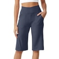 thumbnail image 2 of Only Moment Womens Knee Length Shorts Naked Soft Cotton Feel Fabric High Waisted Work Travel Pants with Pockets Stretchy Business Casual Slacks Yoga Shorts with Pockets Navy,L, 2 of 6