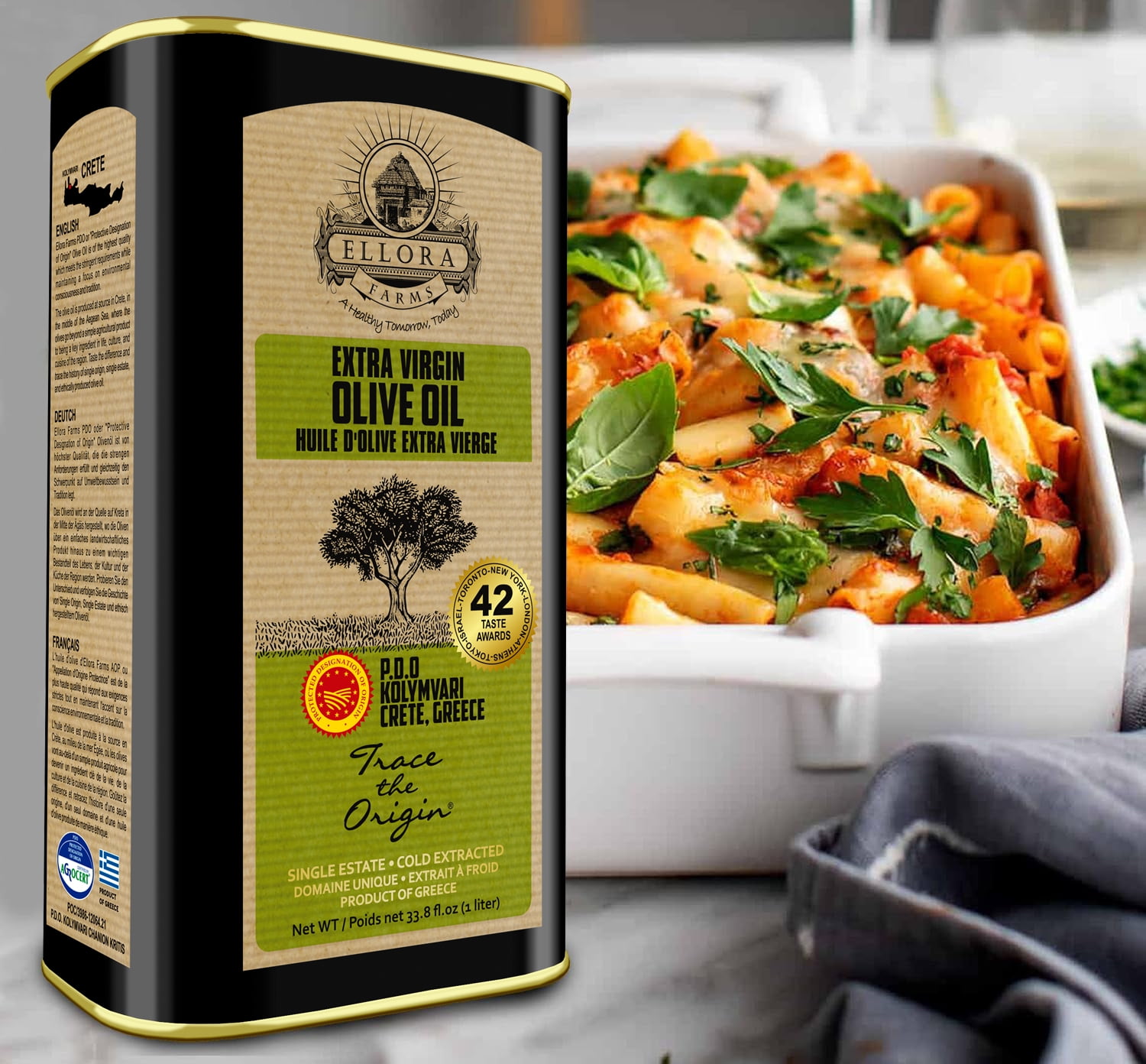 Ellora Farms Extra Virgin Olive Oil, Greek Single Estate PDO, Global Gold Award, Kosher, 2 x 33.8 oz