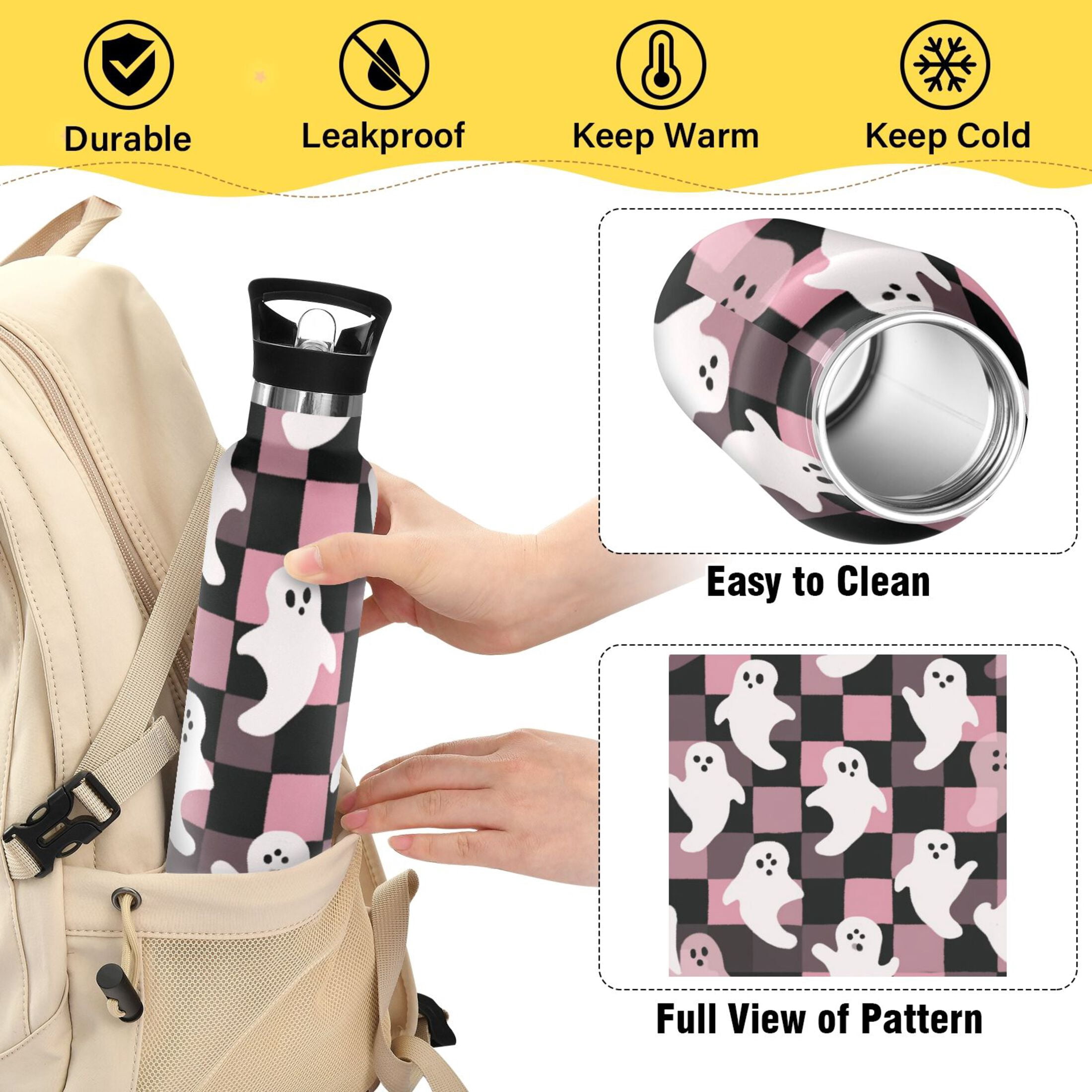 Kids Insulated Stainless Steel Sports Water Bottle 600ml (20oz) Pink and Black Cartoon Ghosts