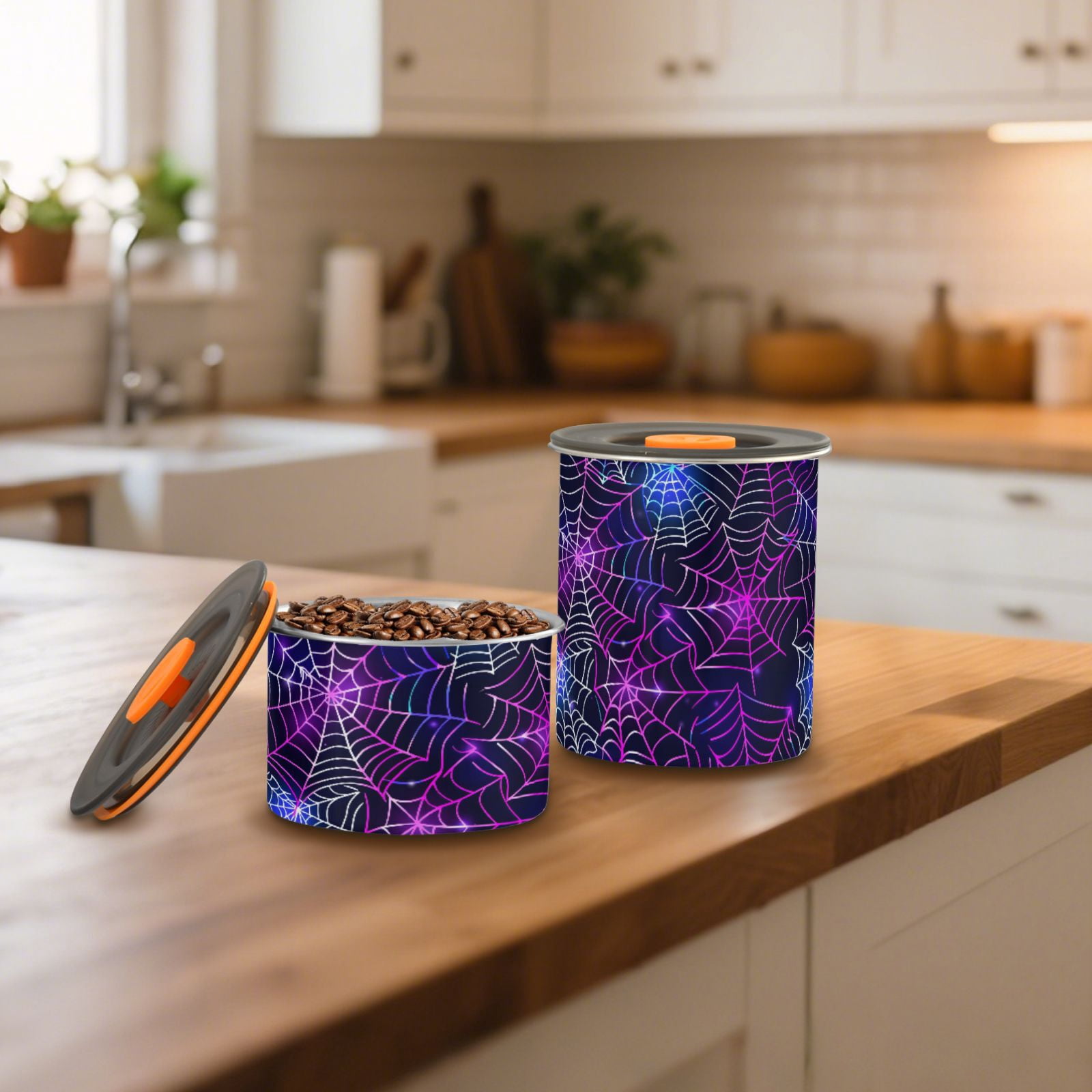 Halloween Spider Colorful Airtight Coffee Bean Canister 30oz Food Storage Containers with Lids For Gournd, Tea, Sugar, Flour, Rice, Cereal, Candy Cookie Jar