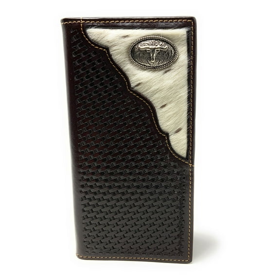 Texas West Men's Cow Fur Cowhide Genuine Leather Longhorn Basketweave Bifold Wallet in 3 Colors