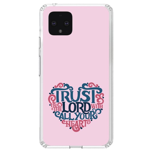 DistinctInk Clear Shockproof Hybrid Case for Google Pixel 4 XL (6.3" Screen) - TPU Bumper, Acrylic Back, Tempered Glass Screen Protector - Trust In The Lord With All Your Heart