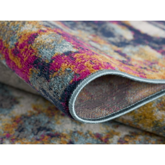 Rug Branch Ziya 2' x 10' (2'3" x 10') Yellow/Blue Abstract Distressed Indoor Runner Rug, Contemporary, Medium Pile, Stain-Resistant Hallway Carpet - Entryway, Mudroom, Bedroom, and Kitchen