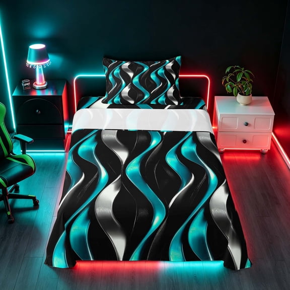 Manfei Gradient Stripes Twin Sheets, Shiny Abstract Lines Bedding, Teal, Black and Silver, Black Reversible 3pcs1 Flat Sheet 1 Fitted Sheet 1 Pillowcase