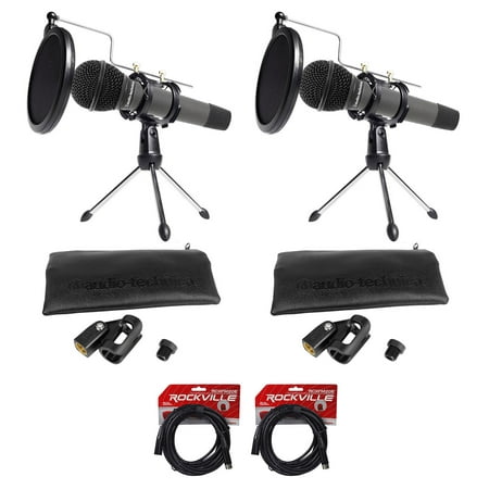 (2) Audio Technica Dynamic Podcasting Podcast Microphones+Stands+Pop