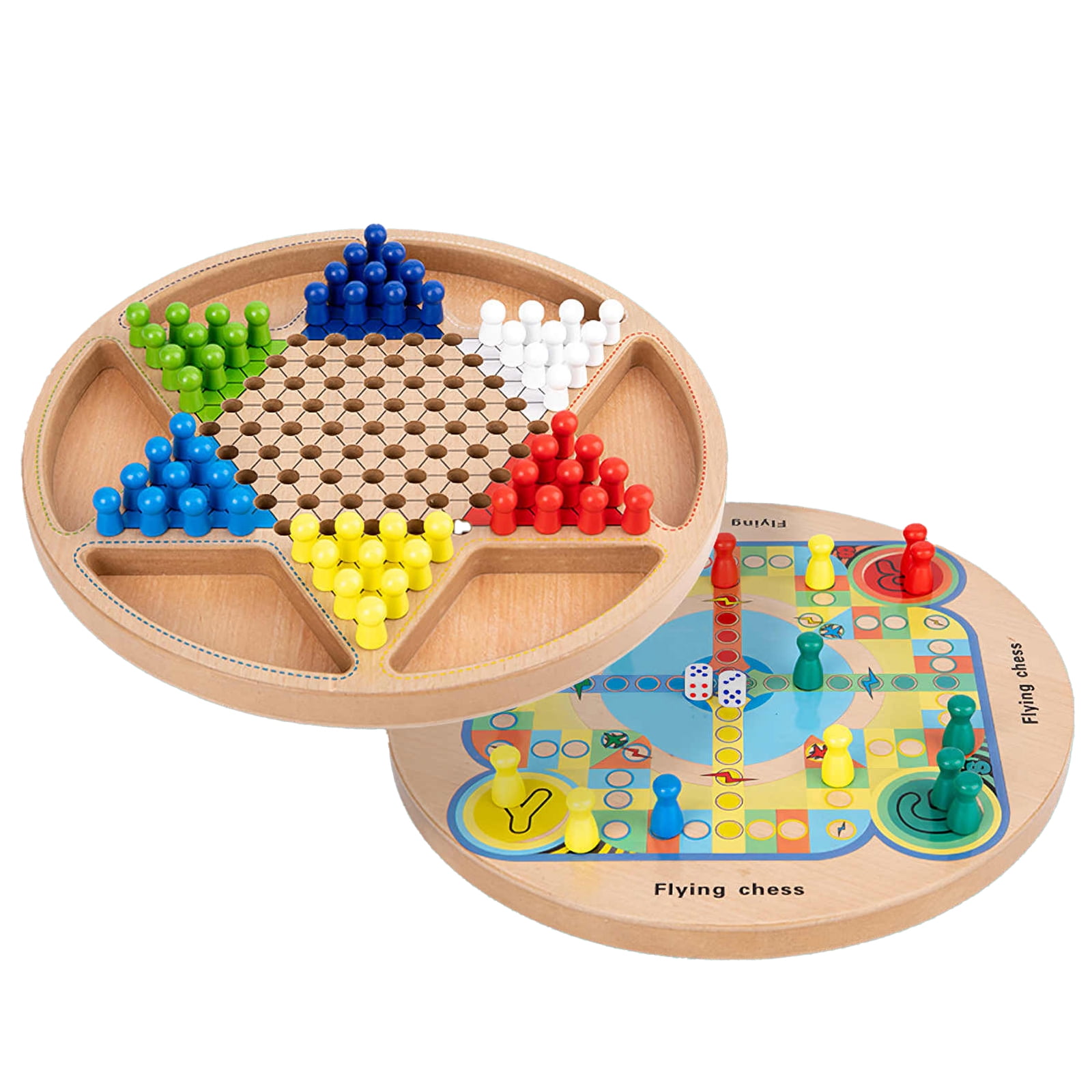 FUN Wooden Game Set 2 in 1 Chinese Checkers Flying Chess for Kids and Adults 