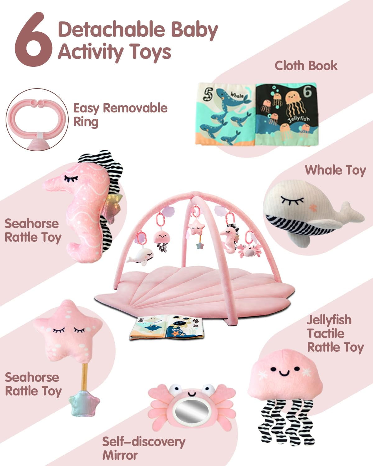 Baby Play Gym Mat, Oversize Tummy Time Activity Mat with 6 Detachable Toys for Infant 0-12 Months Sensory Exploration Skill Development,Pink
