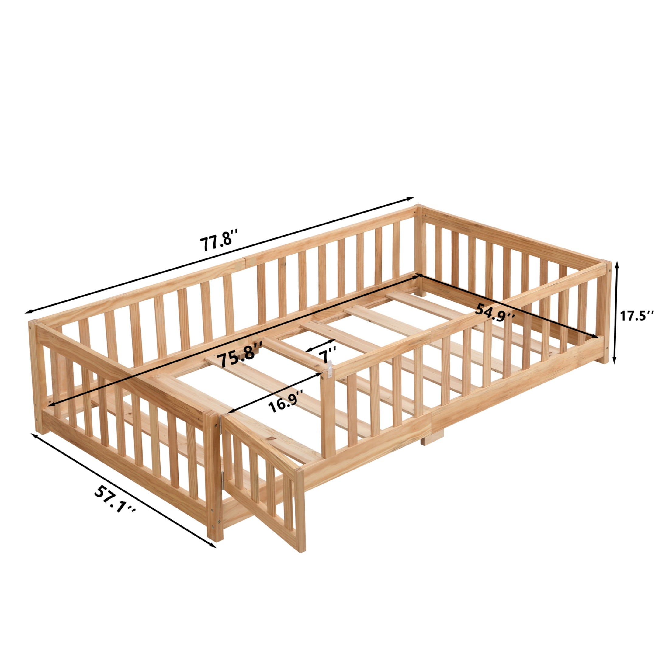 Full Size Bed Frame with Door and Fence,Montessori Bed with Guardrails and Solid Slats,Solid Wood Platform Full Bed Frame for Girls and Boys,77.8"x57.1"x17.5",Natural