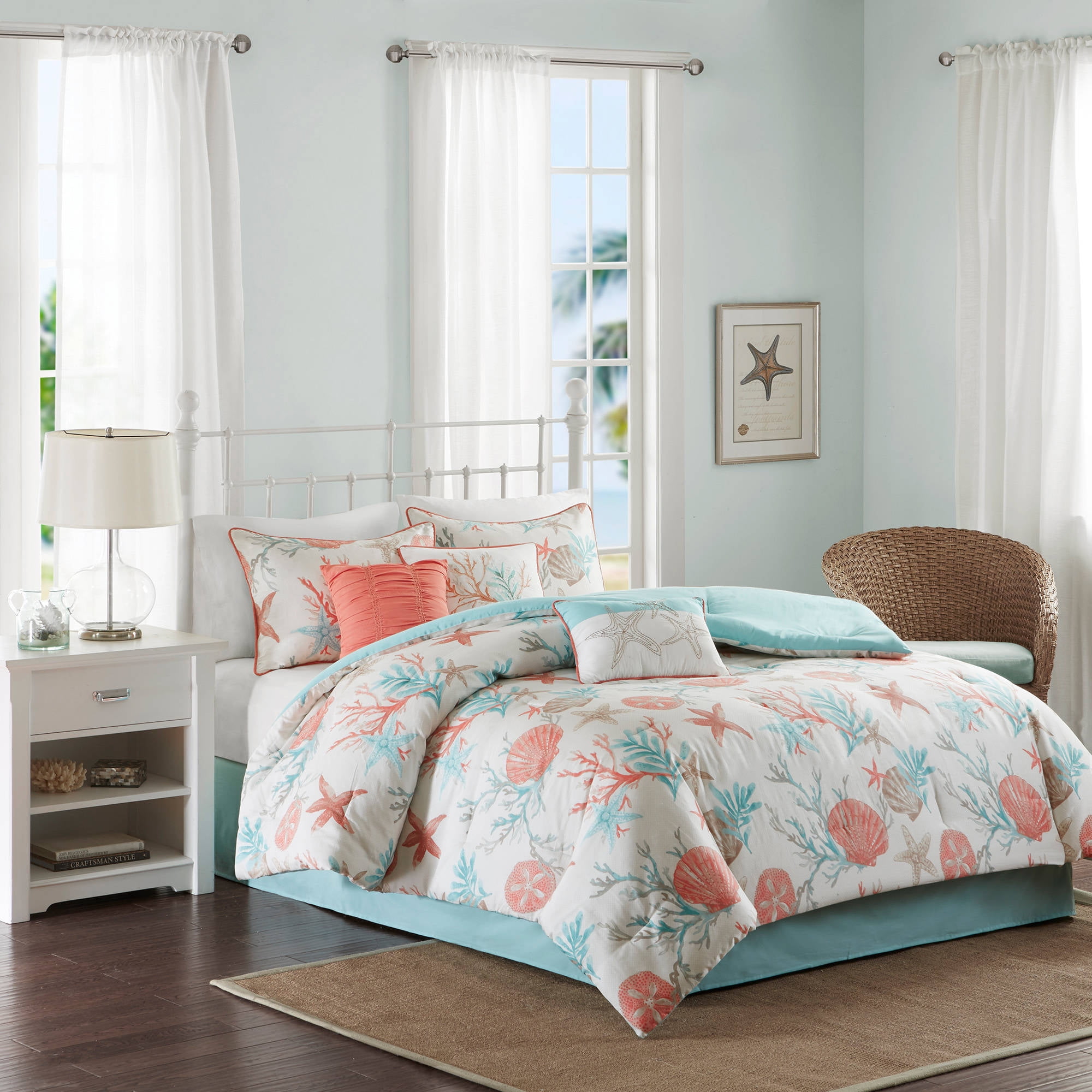 Ocean View Seashell Comforter Set (Queen) Coral - 7pc: Madison Park, Cotton Sateen, Hypoallergenic, Nautical Style