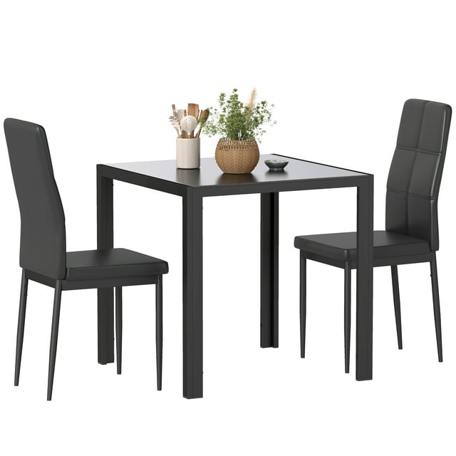 HOMCOM Table de Cuisine Rectangulaire en Verre avec Chaises, Ensemble pour 2, Noir