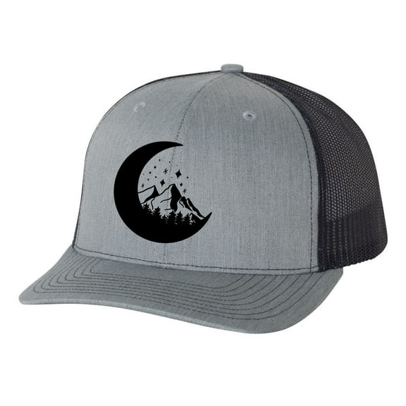 Men's Retro Geometric Mountain Moon Mountain Outdoors Woodland Embroidered Mesh Back Trucker Hat, Heather Grey/Black