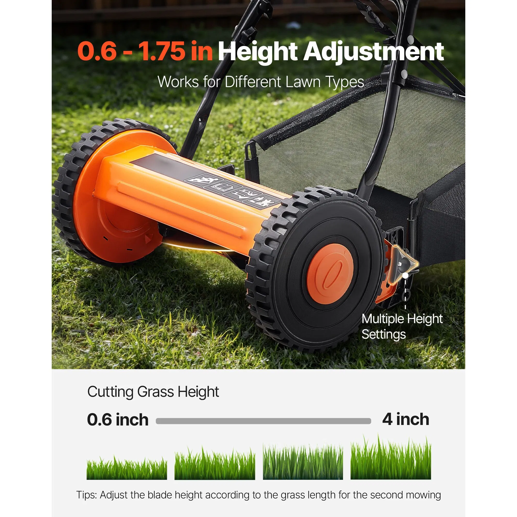 14-Inch Push Reel Lawn Mower with 5 Blades,Manual Walk-Behind Design,Adjustable Cutting Height 0.6-1.75 Inches,Grass Catcher Bag for Lawns and Courtyards