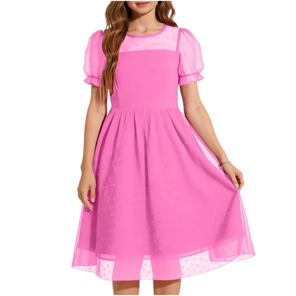 Efsteb Girls Chiffon Dress Fashion Kids Puff Sleeve Casual Midi Dress with Sheer Neckline for Summer (Hot Pink,13-14 Years)